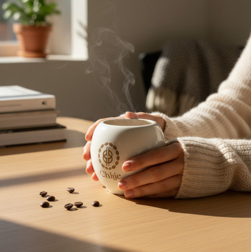 Chiije ceramic drinking mug held by hands in a cozy setting with coffee beans and steam rising