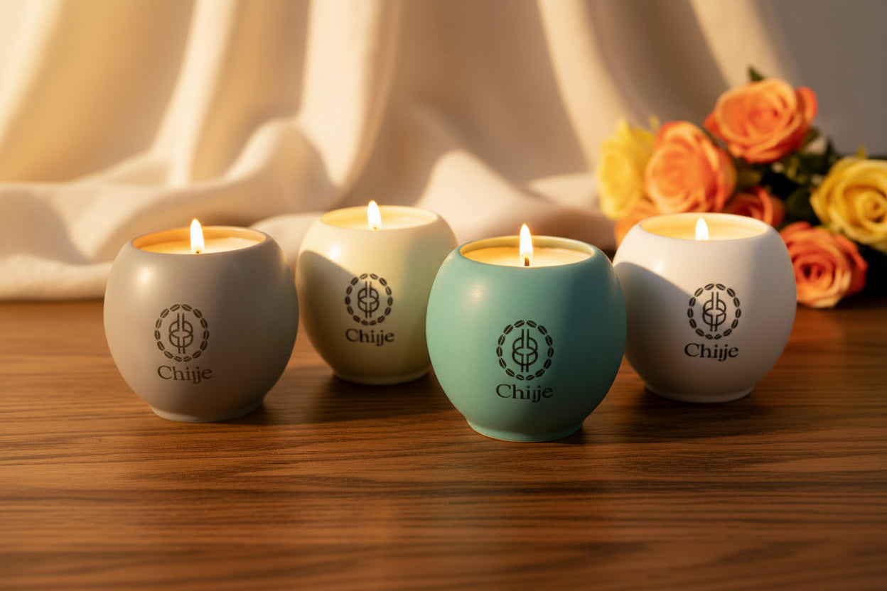 Four ceramic coffee drippers in white, teal, cream, and gray, arranged vertically on a light beige background. Each dripper features a black circular logo with a leaf design and the word 'Chiije' printed on it.