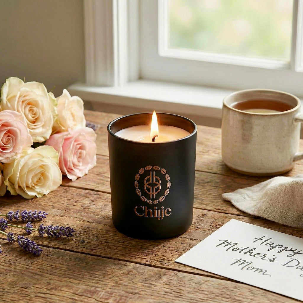 Chiije Cedar & Pine signature candle styled in a calm home setting