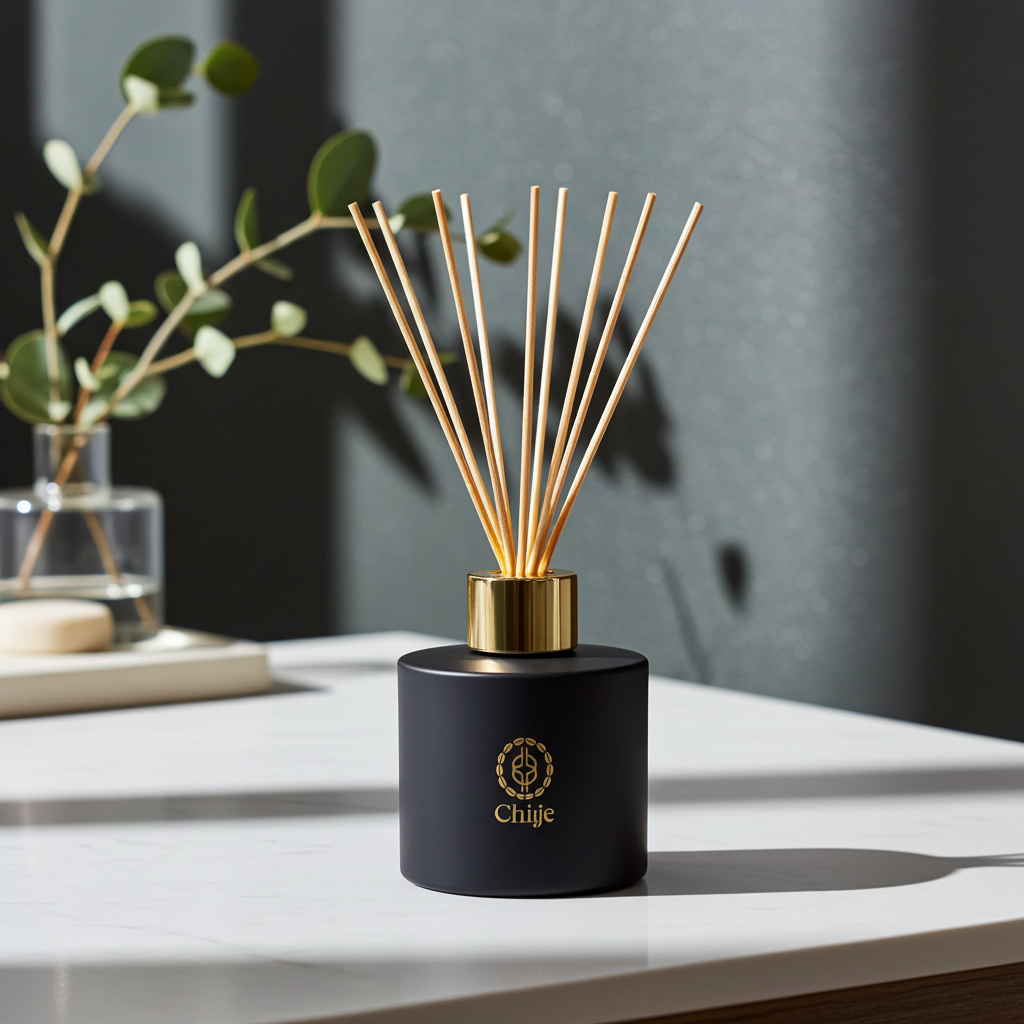 Close-up of Chiije Devotion reed diffuser bottle and reeds