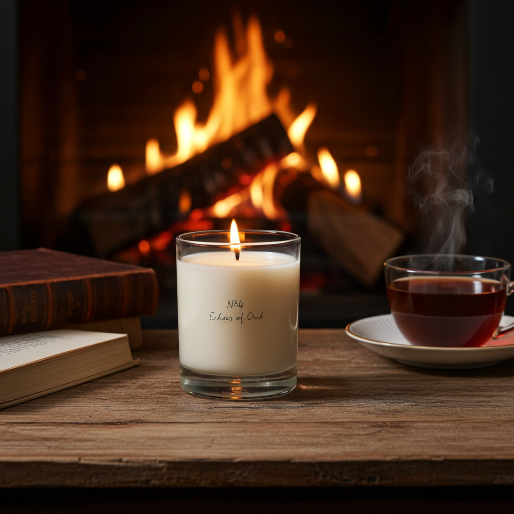 Close-up of Chiije Echoes of Oud natural-wax candle and vessel