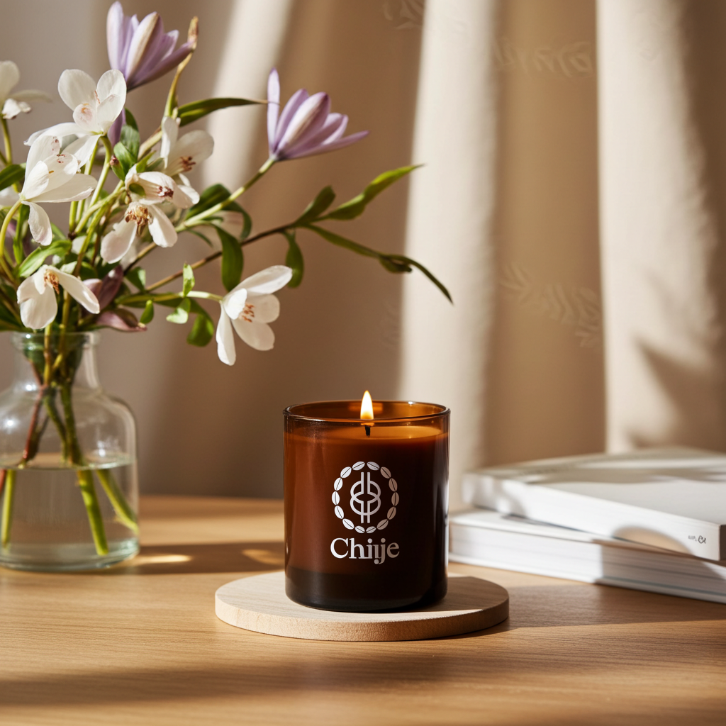 Candle with 'Chije' logo on a wooden coaster next to a vase of flowers and books.