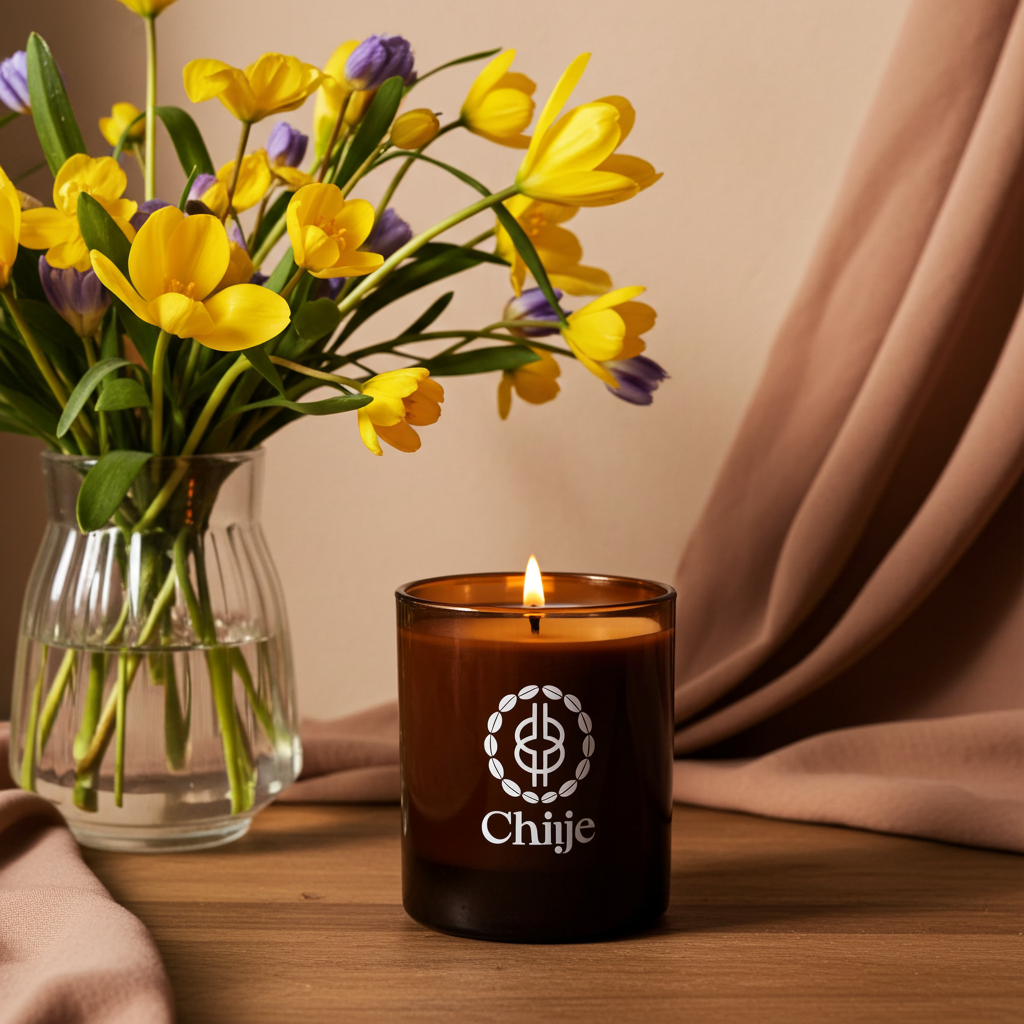 Candle with 'Chijie' logo next to a vase of yellow tulips on a wooden surface.