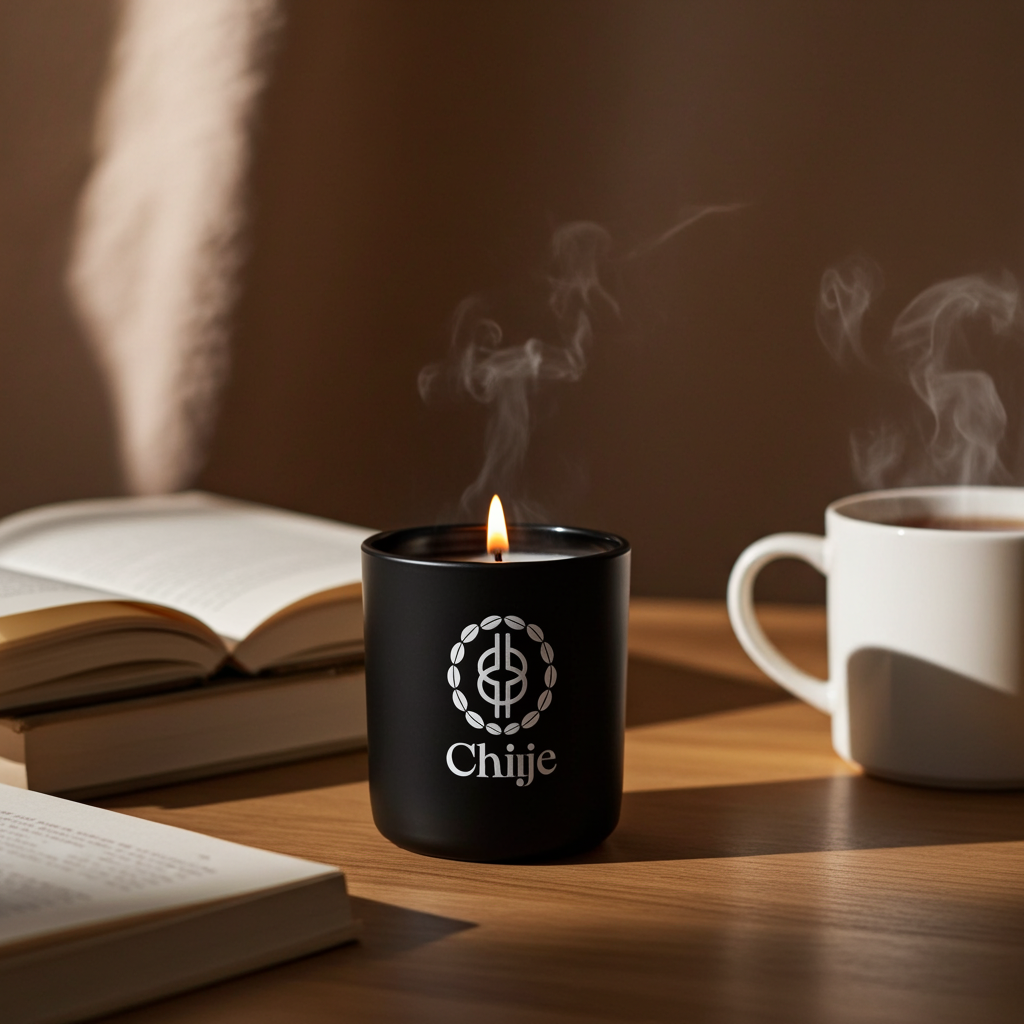 Fire signature candle by Chiije, front view on a neutral surface