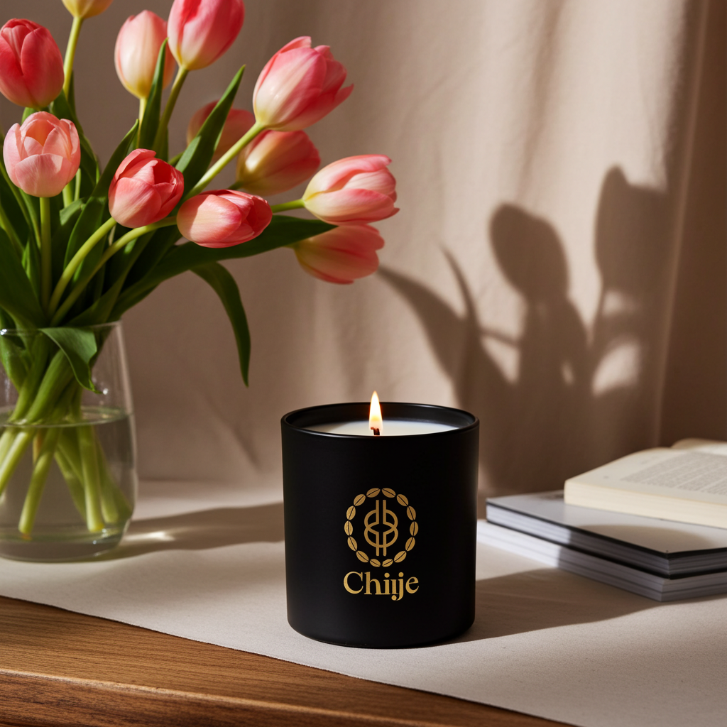 Close-up of Chiije Scandalwood natural-wax candle and vessel