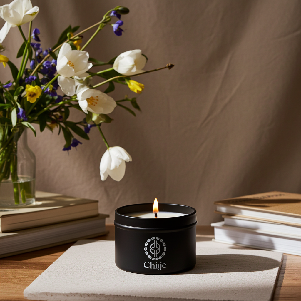Echoes of Oud petite candle by Chiije, front view on a neutral surface