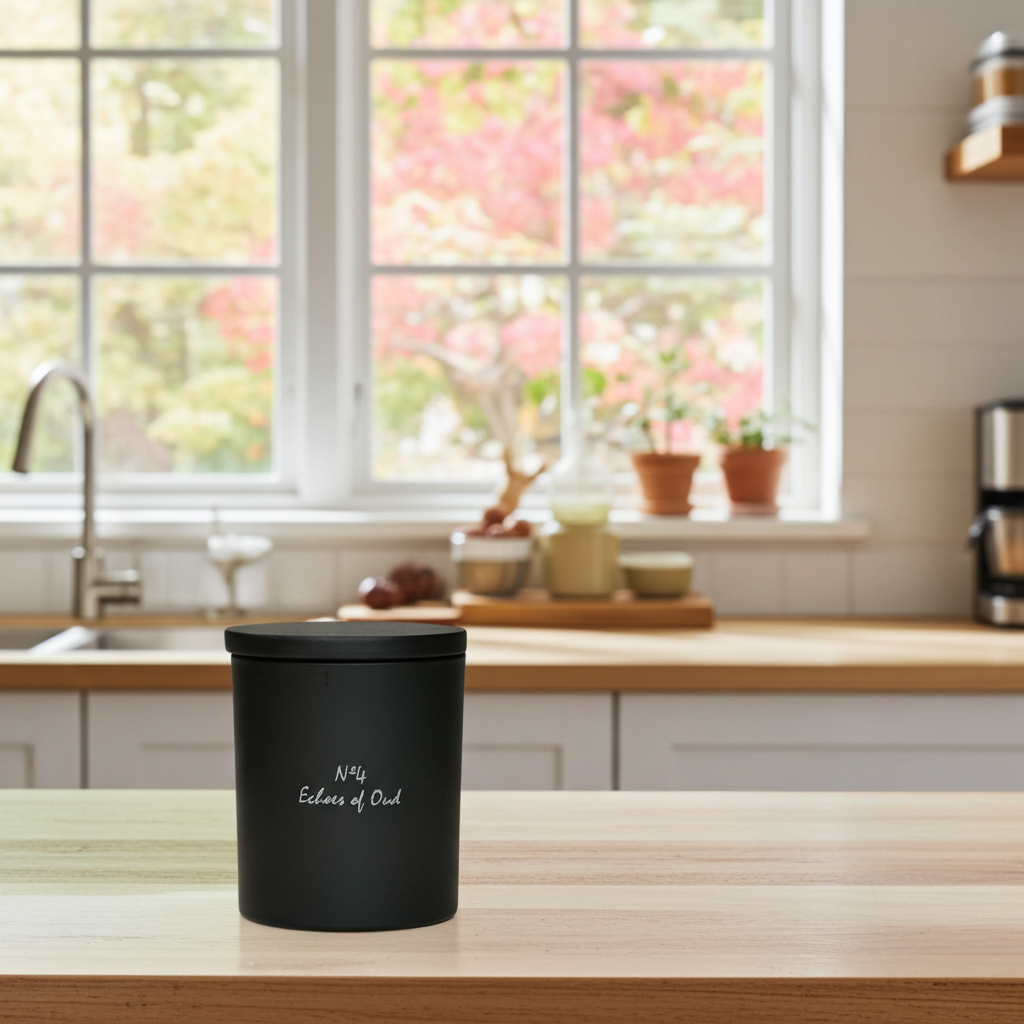 Chiije Echoes of Oud signature candle styled in a calm home setting
