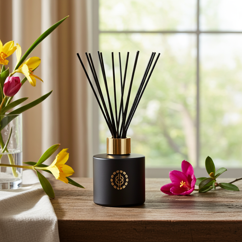 Black diffuser with gold accents on a wooden surface with flowers