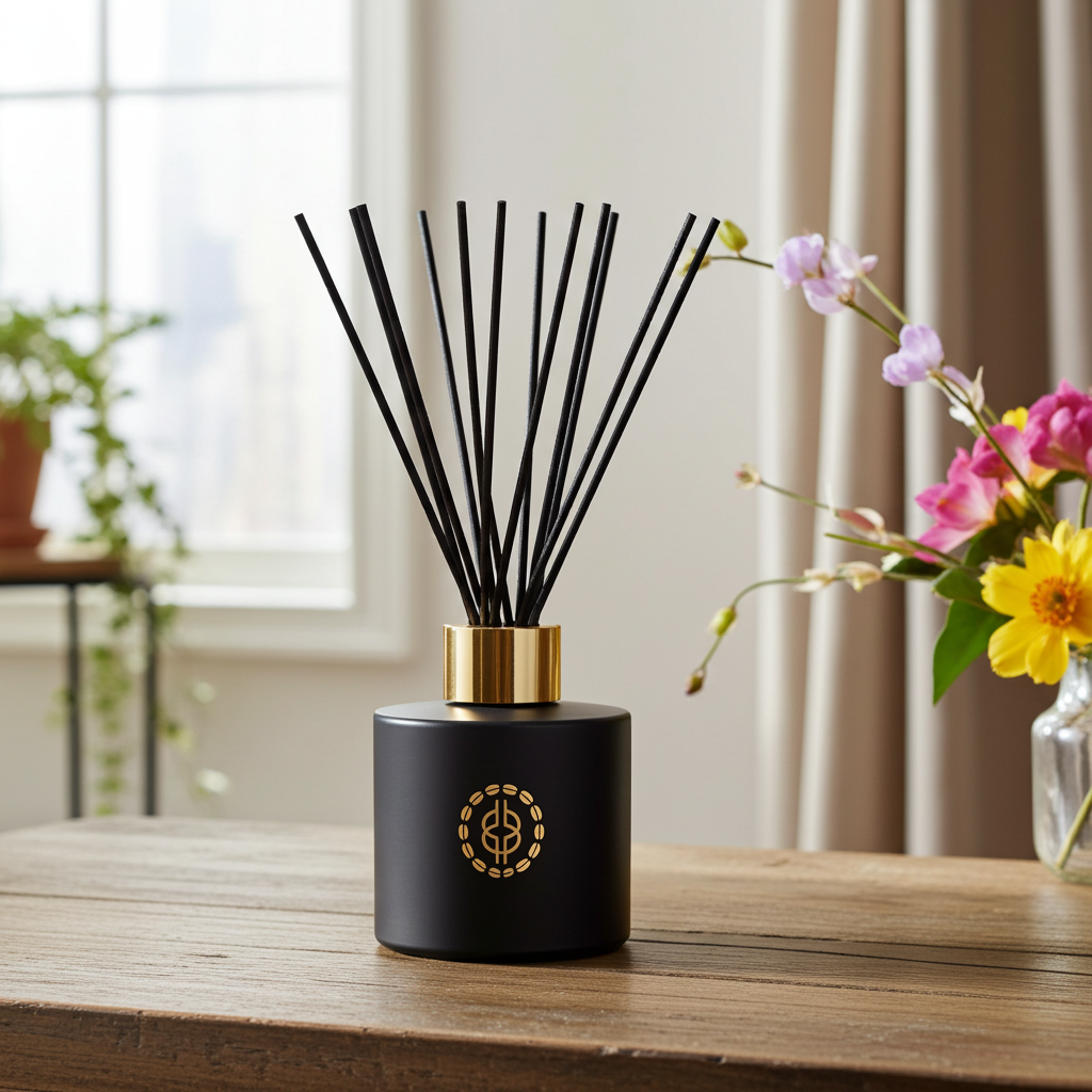 Black diffuser with gold accents on a wooden surface with flowers in the background