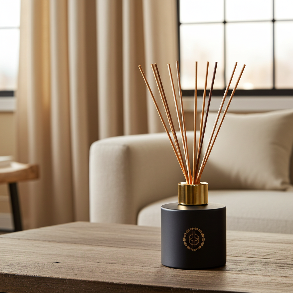 Diffuser with sticks on a table in a living room setting