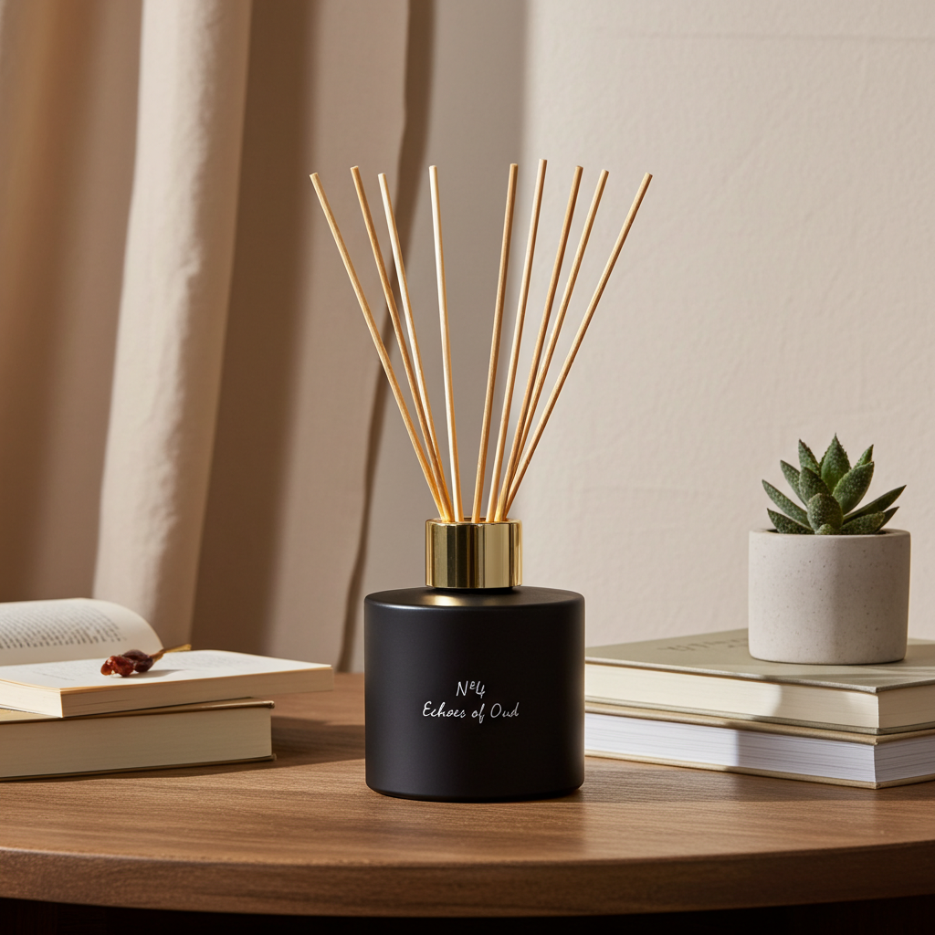 Echoes of Oud reed diffuser by Chiije, front view on a neutral surface