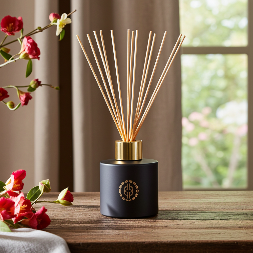 Reed diffuser with gold top and black base on a wooden surface with flowers and a window in the background