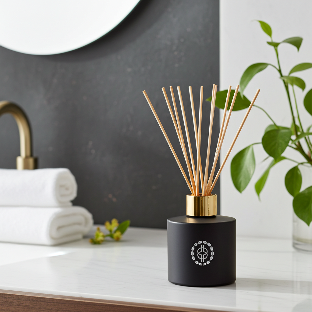 Close-up of Chiije Echoes of Oud reed diffuser bottle and reeds