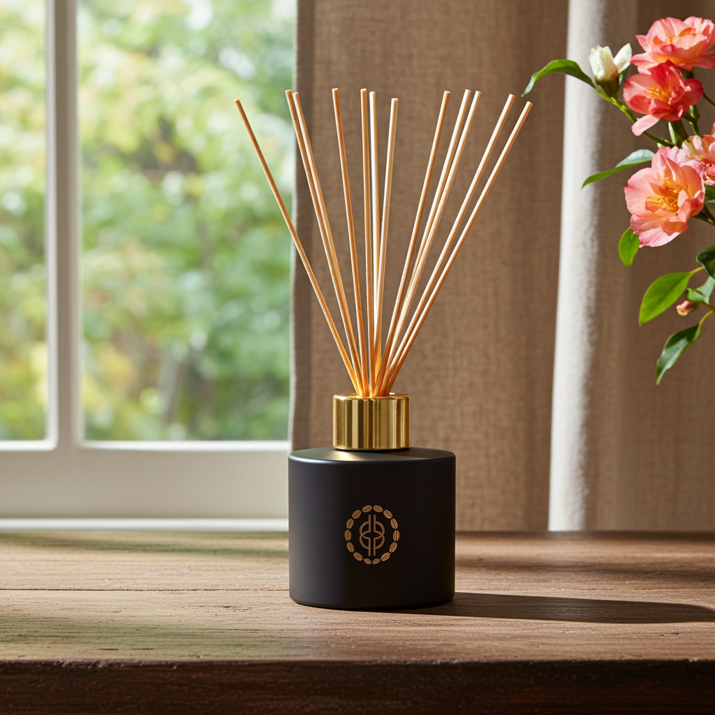 A black diffuser with gold sticks on a wooden surface near a window with greenery outside.