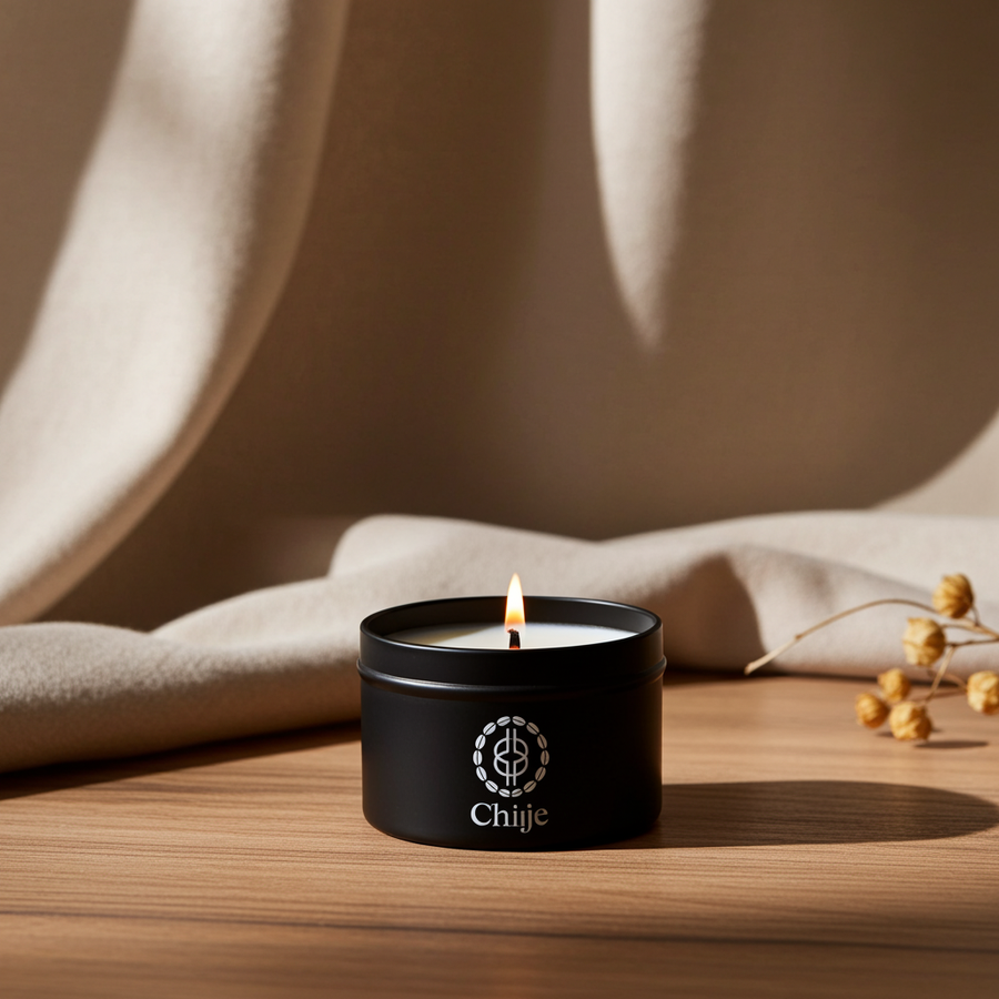 Close-up of Chiije Echoes of Oud natural-wax candle and vessel