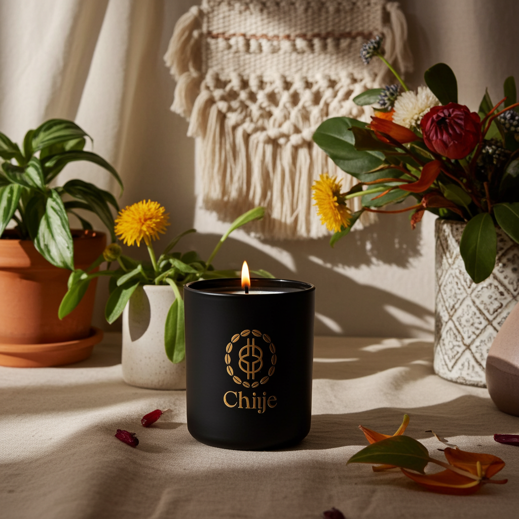 Cedar & Pine signature candle by Chiije, front view on a neutral surface