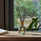 Diffuser with sticks on a wooden surface near a window with greenery