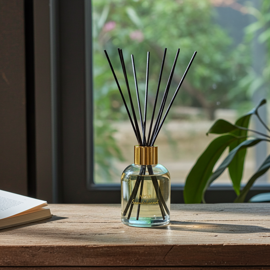 Diffuser with sticks on a wooden surface near a window with greenery
