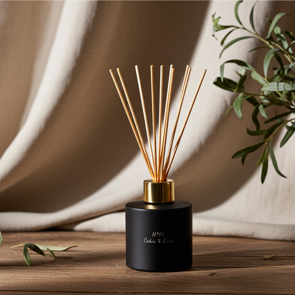 Black diffuser with gold accents on a wooden surface with a neutral background