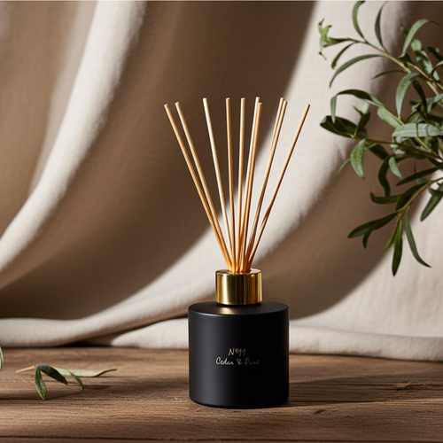 Black diffuser with gold accents on a wooden surface with a neutral background