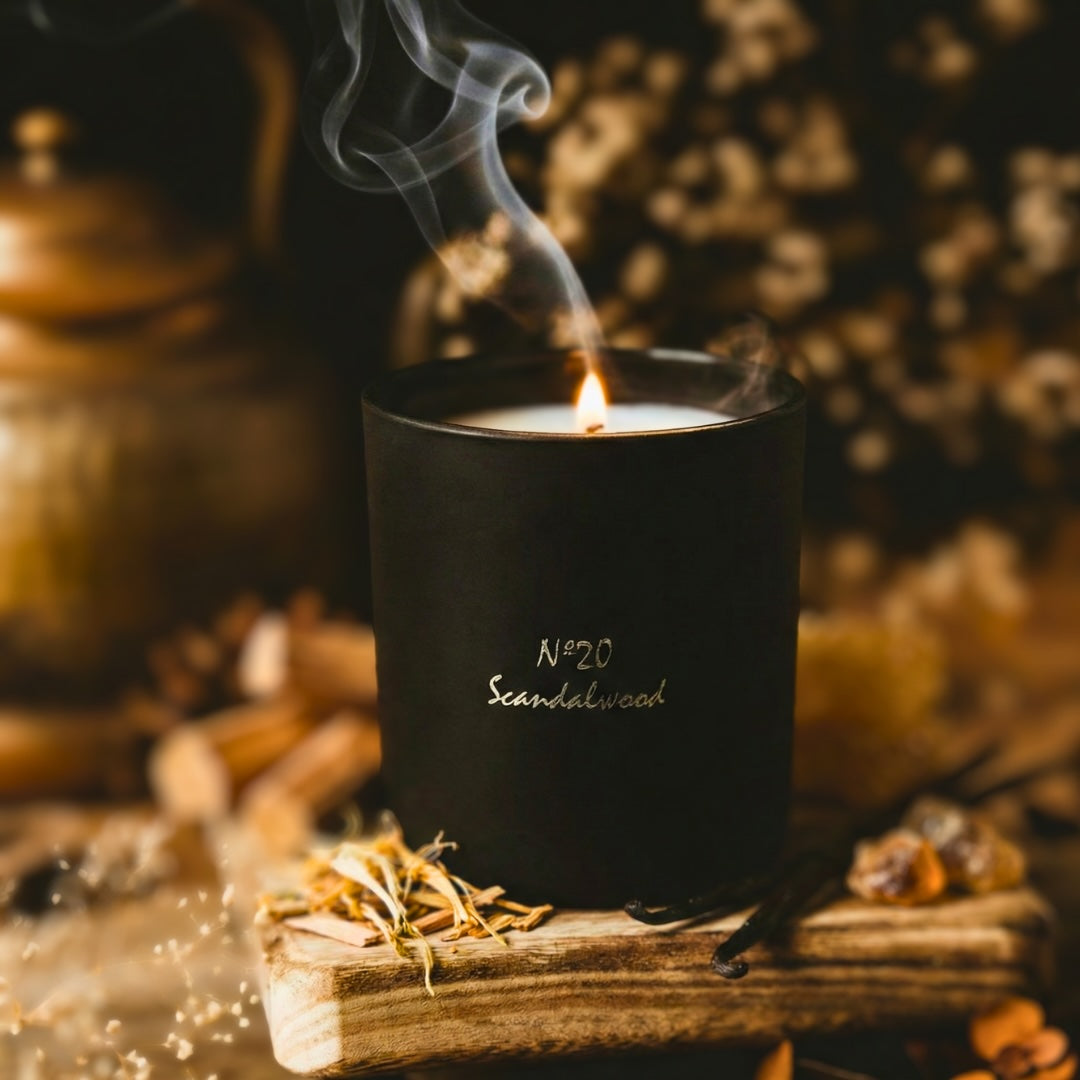 Chiije Scandalwood signature candle styled in a calm home setting