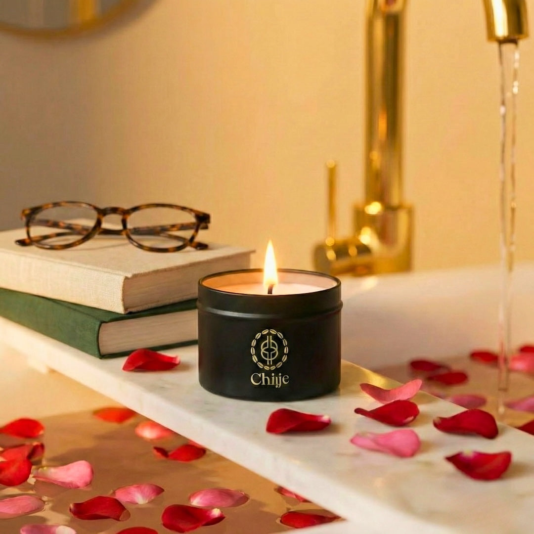 Chiije Scandalwood petite candle styled in a calm home setting