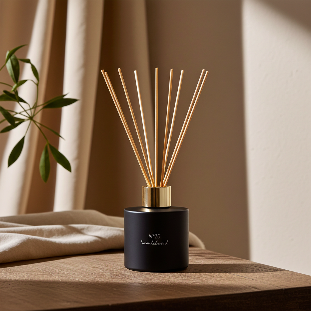 Close-up of Chiije Scandalwood reed diffuser bottle and reeds