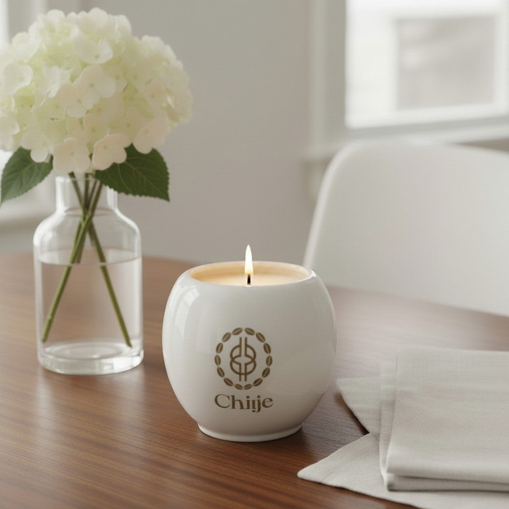 Chiije grey ceramic candle mug with a lit wick, placed on a wooden table next to a vase of white hydrangeas.